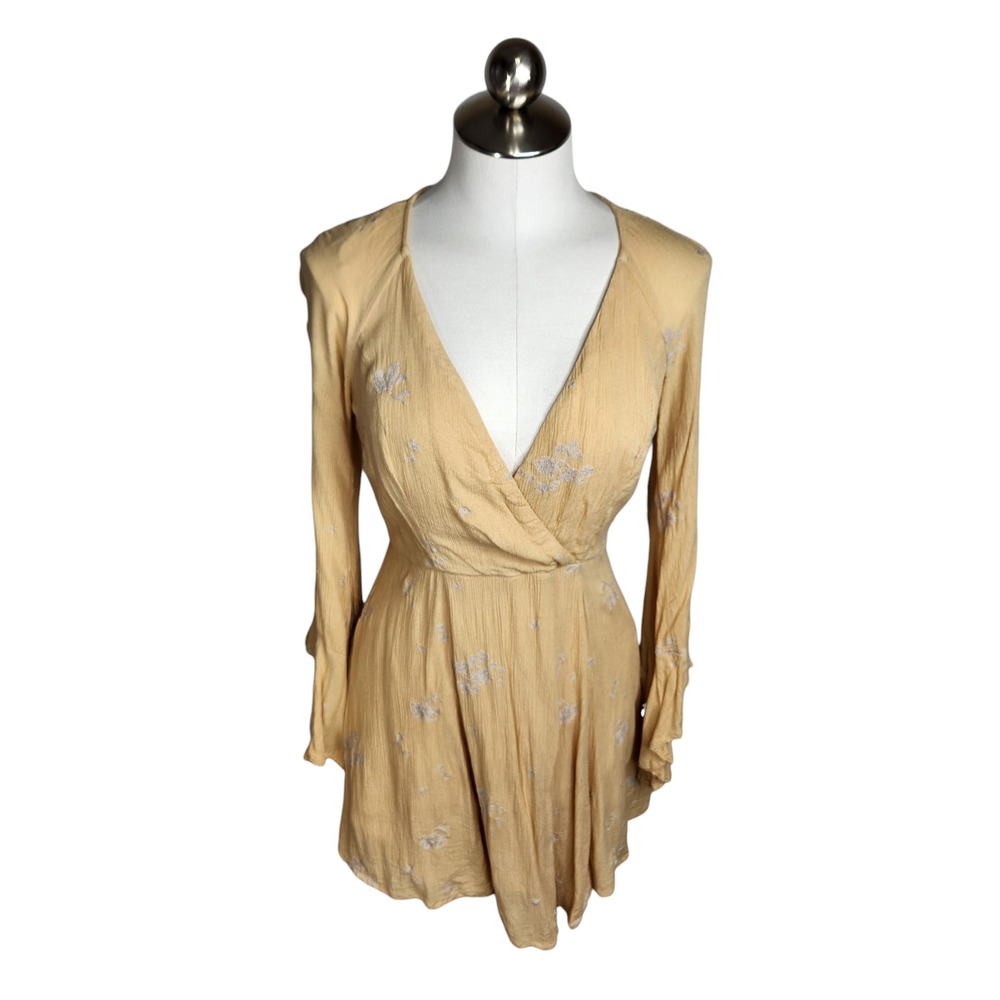Free People Jasmine Mini Dress Women 6 Yellow Floral Embroidered V-Neck Boho